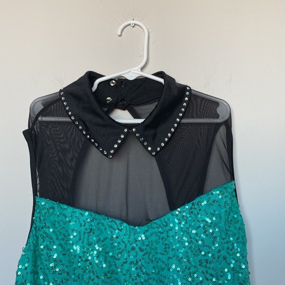 Weissman Adult Large Dance Costume – Green Sequin Fringe Jazz Dress with Collar - Picture 4 of 9